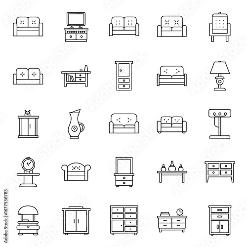 A collection of line art icons depicting various furniture and home decor items for interior design.