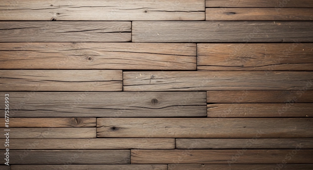 Fototapeta premium Textured Rustic Reclaimed Wood Wall Background with Natural Grain, Cracks, and Warm Vignette Lighting