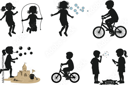 PrintVector illustration of children playing outdoors, riding bikes, jumping rope, blowing bubbles, and enjoying fun summer activities in silhouette style.