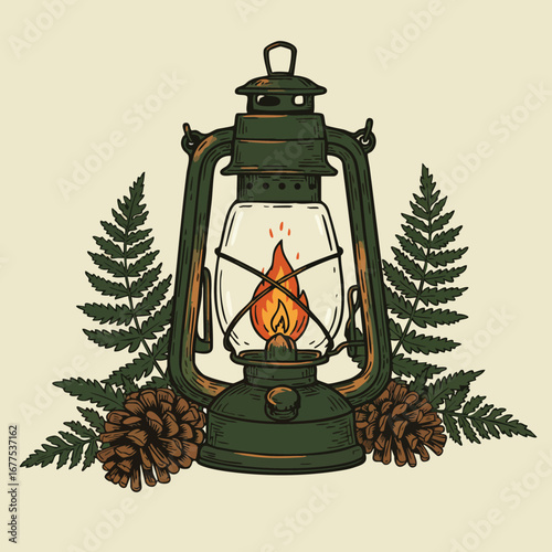Vintage green kerosene lantern with burning flame surrounded by pinecones and fern leaves vector illustration 