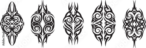 Collection of abstract tribal tattoo designs, intricate black and white graphic elements for artistic body art