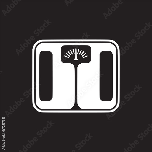 A white scale with a dial and two platforms on a black background in a minimalist style design