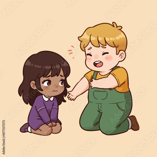 Children interacting with boy comforting sad girl in casual clothing vector illustration 