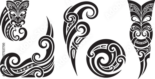 Maori tattoo tribal illustration set featuring traditional Polynesian designs, spirals and intricate patterns