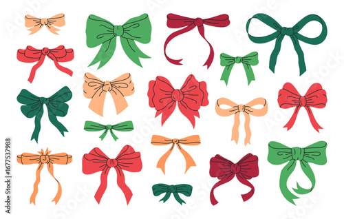 Hand drawn colorful bows. Christmas or Birthday gifts ribbon decorations, silk bows for gift boxes flat vector illustration set. Cartoon holidays bow decor on white