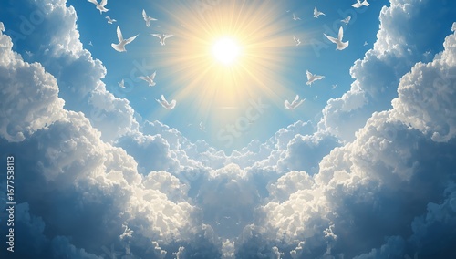 Doves flying towards a bright light in a blue sky surrounded by fluffy white clouds in a peaceful scene