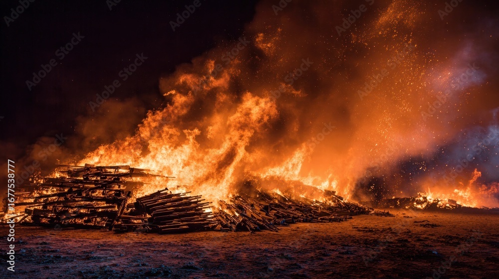 Fototapeta premium Dramatic photo of weapon bonfire at night signifies disarmament