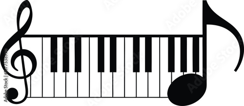 Simple black and white illustration of a piano keyboard with musical symbols