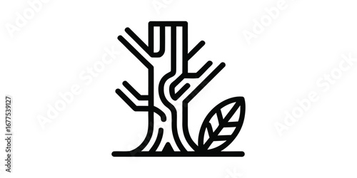 Dead Tree Icon: Minimalist Black Line Art, Single Leaf, Symbolic, Environmental Theme, Vector Graphic.