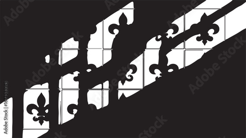 Black Silhouette of a Fleur-de-lis Patterned Railing with Light and Shadow Effects fence ironwork