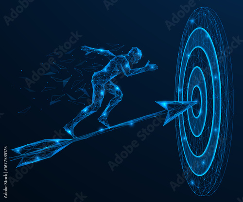 Running towards the goal. A man running on an arrow straight into the center of the target. The concept symbolizes direction and precision. Polygonal design of lines and dots.