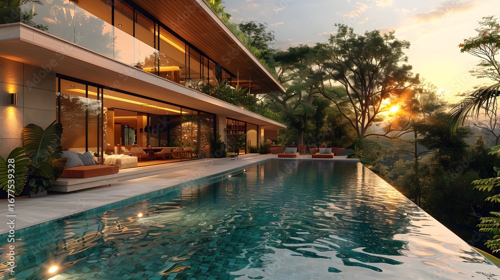 Obraz premium Kerala luxury villa design with sunset backdrop high resolution picture