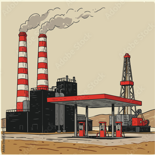 Industrial oil refinery with gas station and drilling rig in desert landscape vector illustration 
