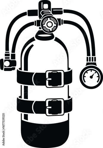 Silhouette illustration of scuba diving tank with regulator and pressure gauge equipment