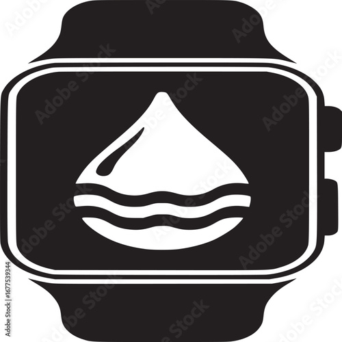 A black smartwatch displaying a white water drop icon with wavy lines on a white background