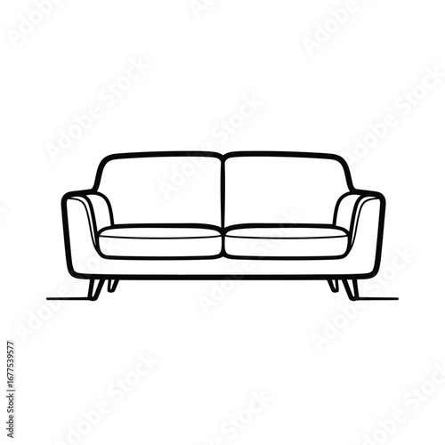 A simple black and white line art illustration of a modern two-seater sofa or loveseat, isolated on a plain background.