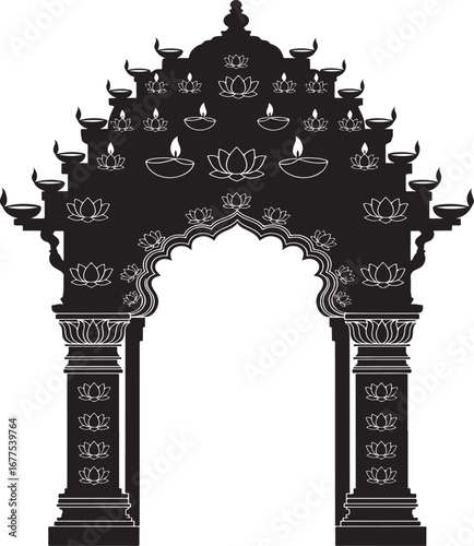 Black Silhouette Indian Temple Archway with Lotus Flowers and Oil Lamps gateway entrance