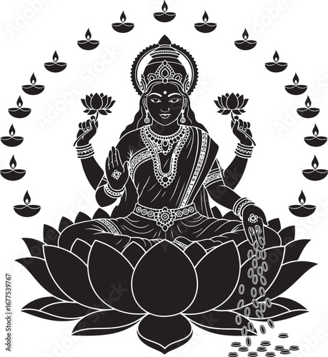 Goddess Lakshmi Seated on Lotus Surrounded by Diya Lamps in Black and White Hindu goddess wealth