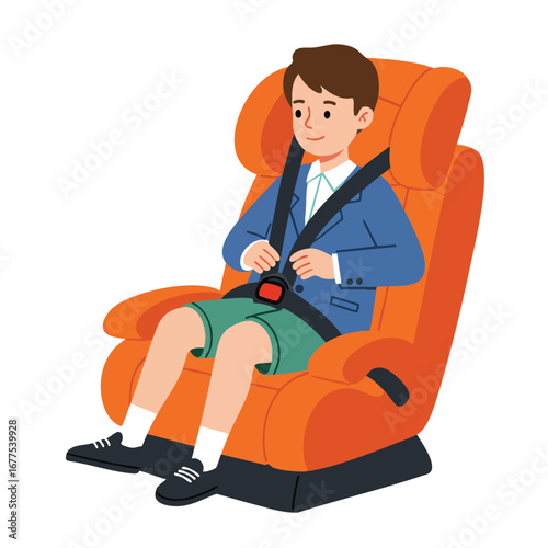 Child fastening seatbelt while sitting in orange car seat ensuring safety vector illustration 