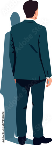Businessman in dark blue suit standing with shadow behind back view vector illustration