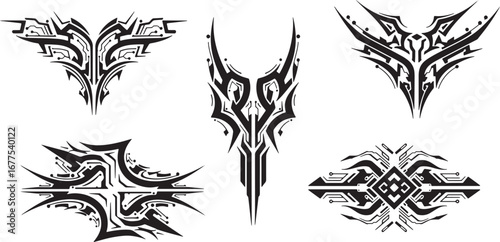 A collection of stylized black and white abstract ornamental designs, featuring intricate tribal patterns and modern graphic elements perfect for decorative art projects