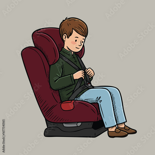 Young boy fastening seatbelt in red car seat safety illustration with casual clothes and calm expression 