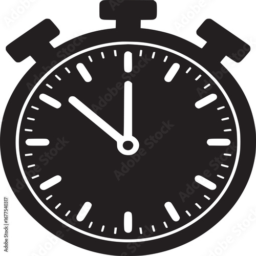 A black and white illustration of a stopwatch with hands pointing to eleven and twelve o clock time