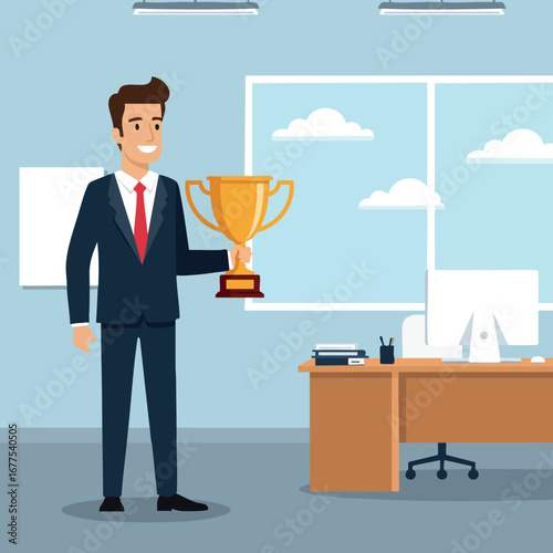 Businessman holding trophy in modern office celebrating success and achievement with confident smile and formal suit