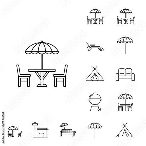 A collection of black and white line art icons representing outdoor furniture and camping equipment, with a prominent patio set.