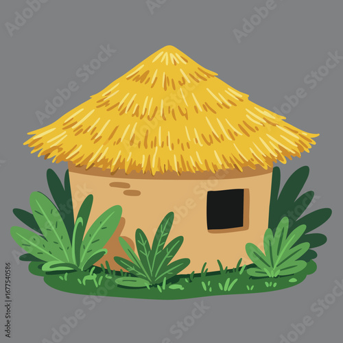 Traditional thatched roof hut surrounded by lush green plants and grass in simple vector illustration style 