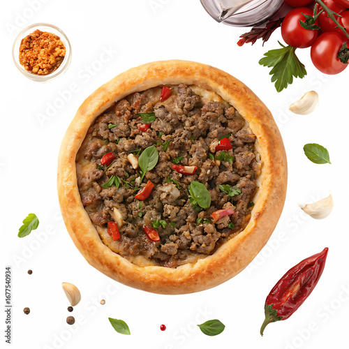 A freshly baked turkish lahmacun pizza with ground meat, tomatoes, and peppers isolated on transparent background