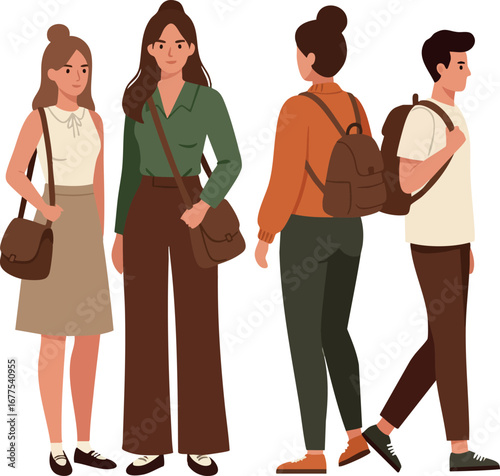 Young adults standing together casual fashion backpacks diverse group lifestyle vector illustration