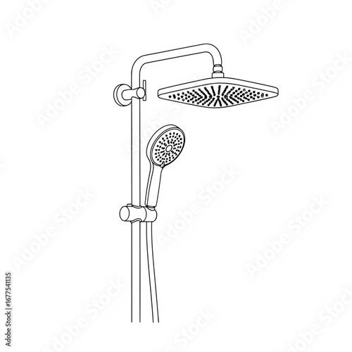 Line art illustration of a modern square rain shower head with a handheld shower on a vertical rail.