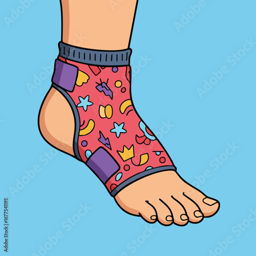 Ankle brace with colorful pattern for foot support and injury prevention in physical activities vector illustration 