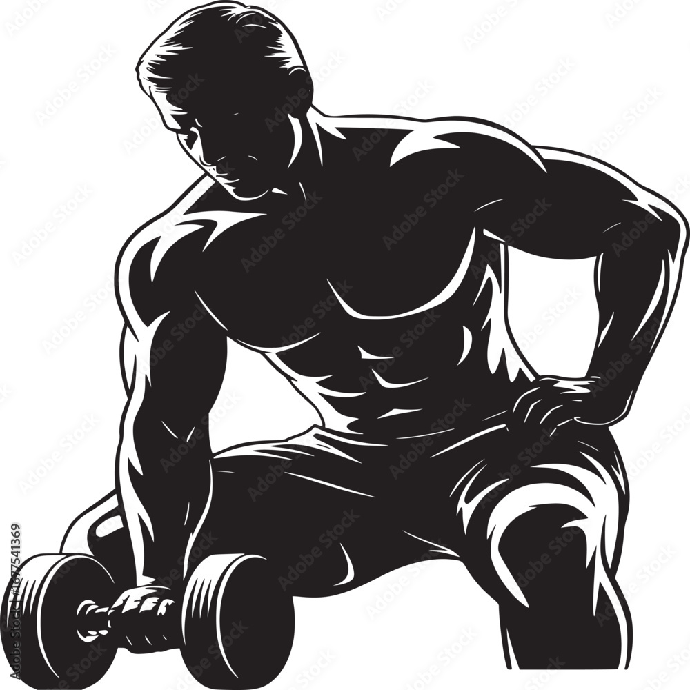 Fototapeta premium A muscular man in silhouette lifting a dumbbell with one hand and posing in a black and white graphic