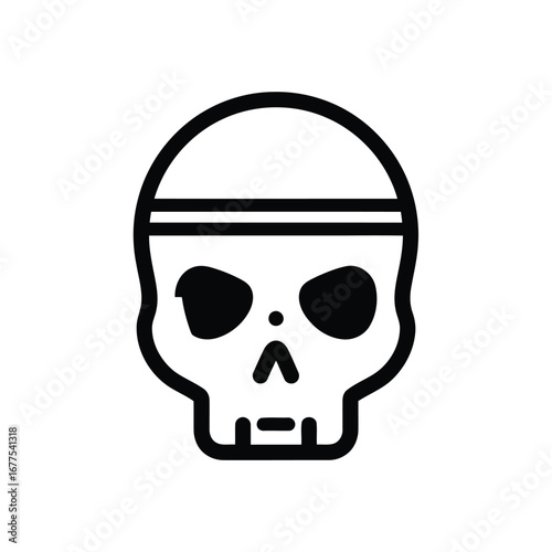Black and white line drawing of a skull with a bandanna or headwrap.