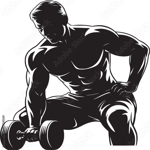 A muscular man in silhouette lifting a dumbbell with one hand and posing in a black and white graphic