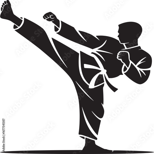 Silhouette of a person in a karate stance with a raised leg and clenched fist against white background