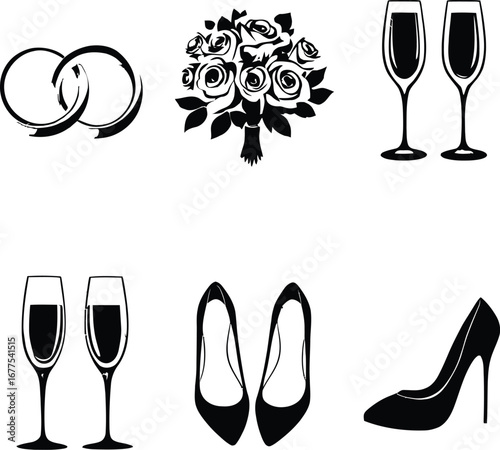 Wedding day essentials rings bouquet champagne and shoes vector illustration clip art graphic design 100