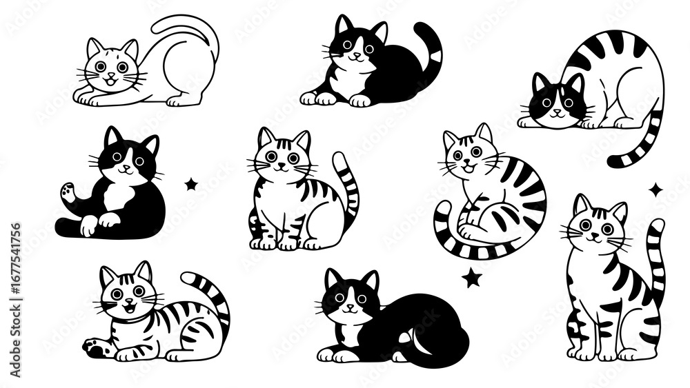 Obraz premium Cute Cat Illustrations: Black and White Line Art Collection