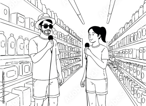 Young couple shopping with ice cream in supermarket aisle enjoying casual summer moment vector illustration