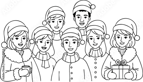 Group of children wearing santa hats holding gift and cup in winter holiday festive spirit vector illustration