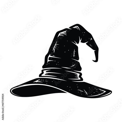 Black witch's hat with a pointed, bent top and wide brim, depicted in a vintage or hand-drawn style, perfect for Halloween or fantasy themes.