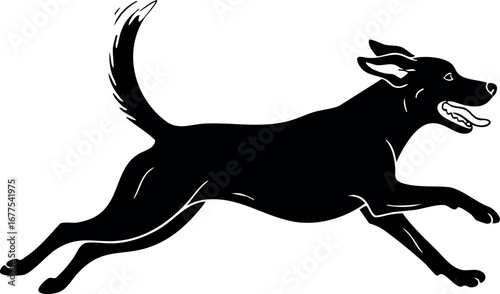 Black silhouette of running dog with tail up in dynamic motion vector illustration