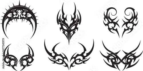 Creative set of black ink tribal tattoos featuring symmetrical and spiky designs for artistic body modification
