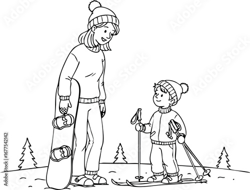Winter family snowboarding scene with mother and child preparing to ride slopes in cold weather clothing