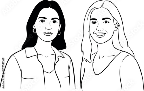 Two young women portrait line art vector with simple facial features and casual clothing for design use