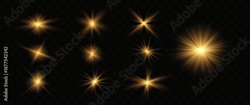 Glow isolated yellow transparent starlight effect set, lens flare, explosion, line, sun flash, glitter, spark and stars. Abstract special effect element design. Shine ray with lightning,