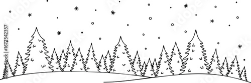 Pine tree forest winter landscape with falling snowflakes black and white vector illustration