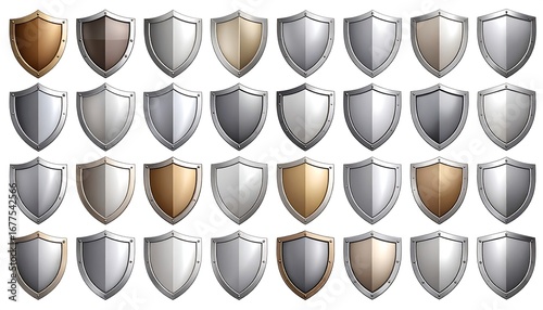 Many shields in various metallic tones